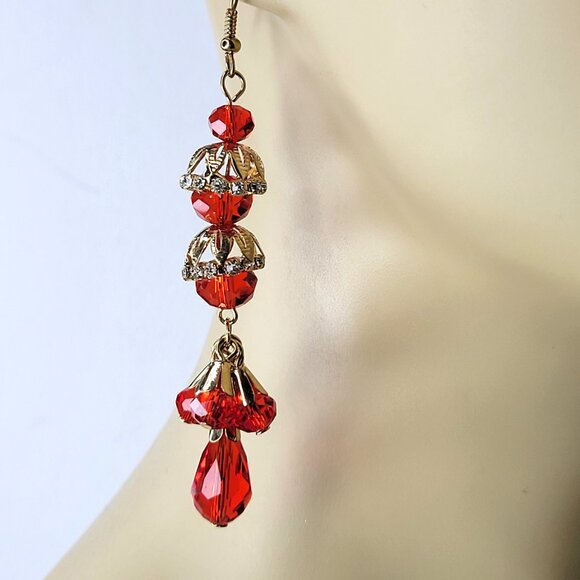 Red Crystal Tiered Chandelier Earrings - Picture 2 of 8